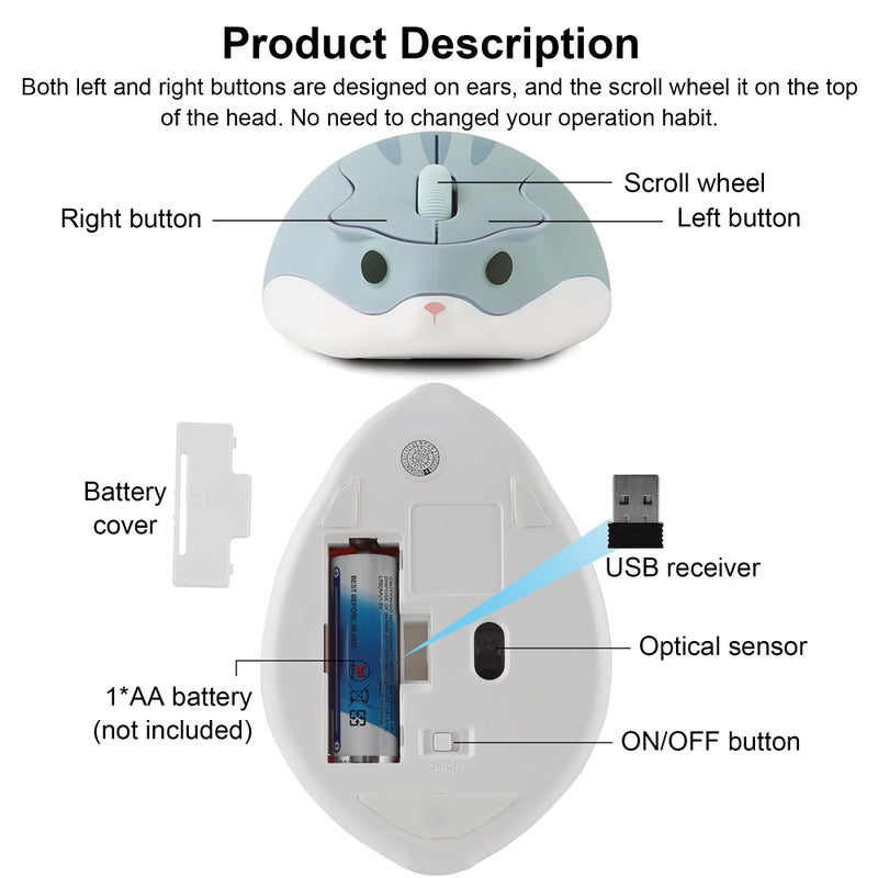 CHUYI Hamster Wireless Silent Mouse 1200DPI Cute Animal Small Cordless Portable Mice for Travel Home School Library Computer Laptop PC for Kids Gift (Light Blue) - Image 4